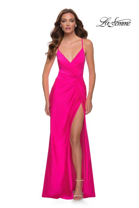 La Femme - Jersey Knot Wrap Gown with Criss Cross Back 29870