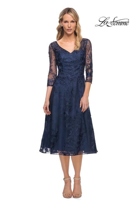 La Femme - Lace Tea Length 3/4 Sleeve Dress 30016