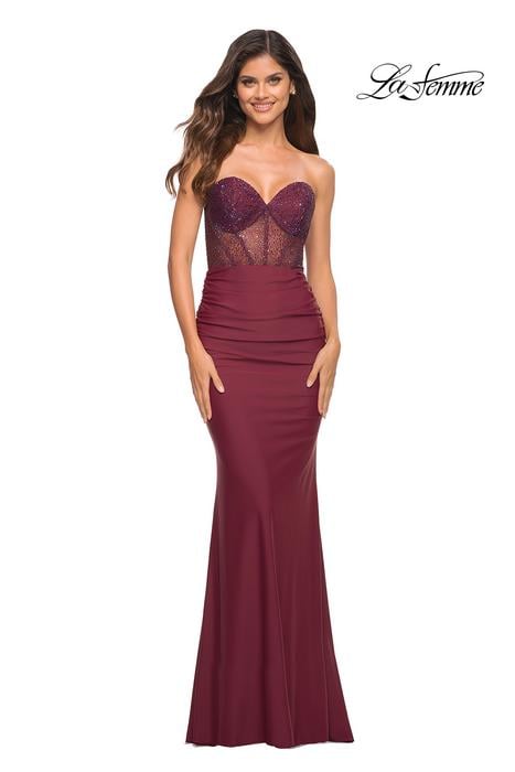 La Femme - Strapless Beaded Illusion Gown