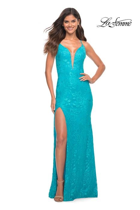 La Femme - Stretch Lace Gown with Strappy Back