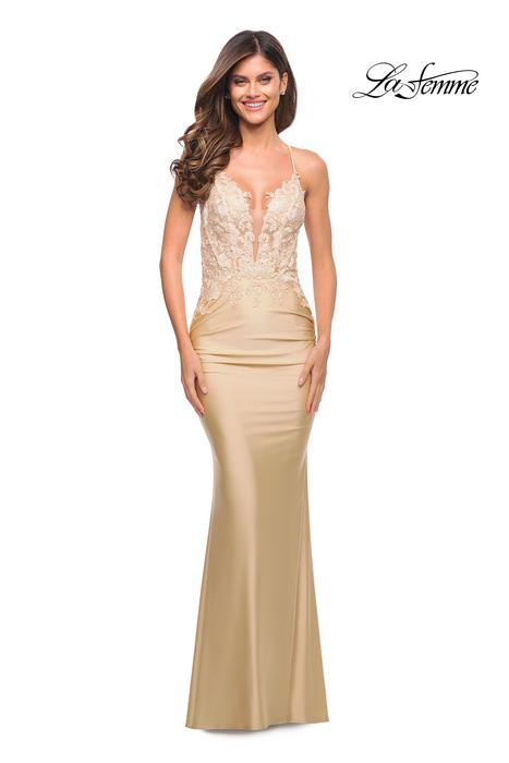 La Femme - Jersey Ruched Lace Embellished Gown