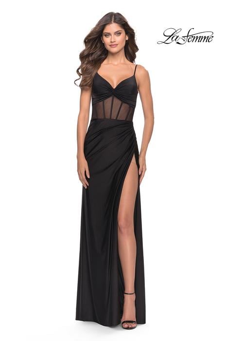 La Femme - Jersey Gown Visible Boning Bodice High Slit 31229