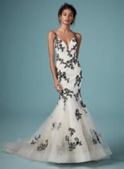 9MW843 Black over Antique Ivory gown with Nude Illusion front