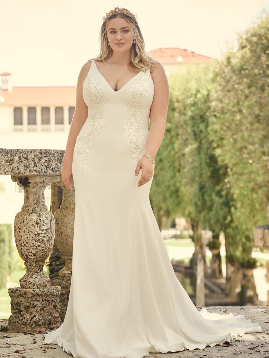 D3615+ | Essense of Australia | Satin Plus Size Fit-and-Flare Wedding Dress  with Spaghetti Straps | Essense Designs