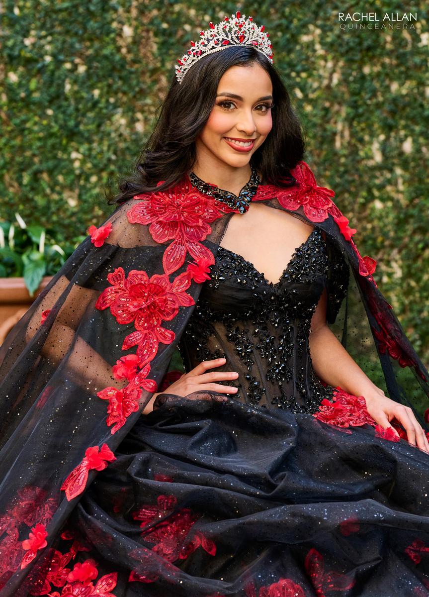 black and red 15 dress Rachel Allan RQ5007 Off-Shoulder Ballgown with Floral Embroidery normansbridal