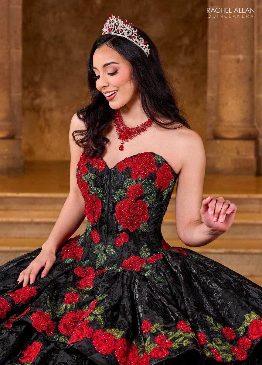 スワロフスキー　黒・赤色ラテンドレス　ブレスレット付 Rachel Allan Quinceanera RQ5006 Castle Couture