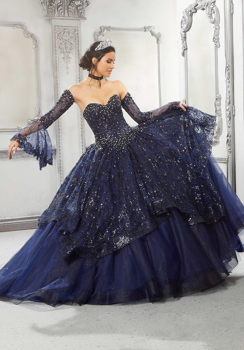Navy Blue Beaded Crystal Quinceanera Dress Ball Gowns Formal Prom Party Dresses
