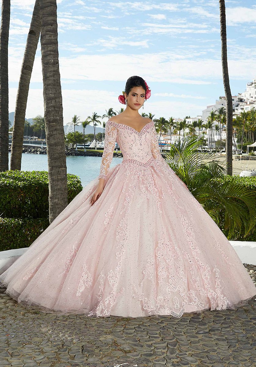 Blush Pink Embroidered Prom Ball Gown with Corset