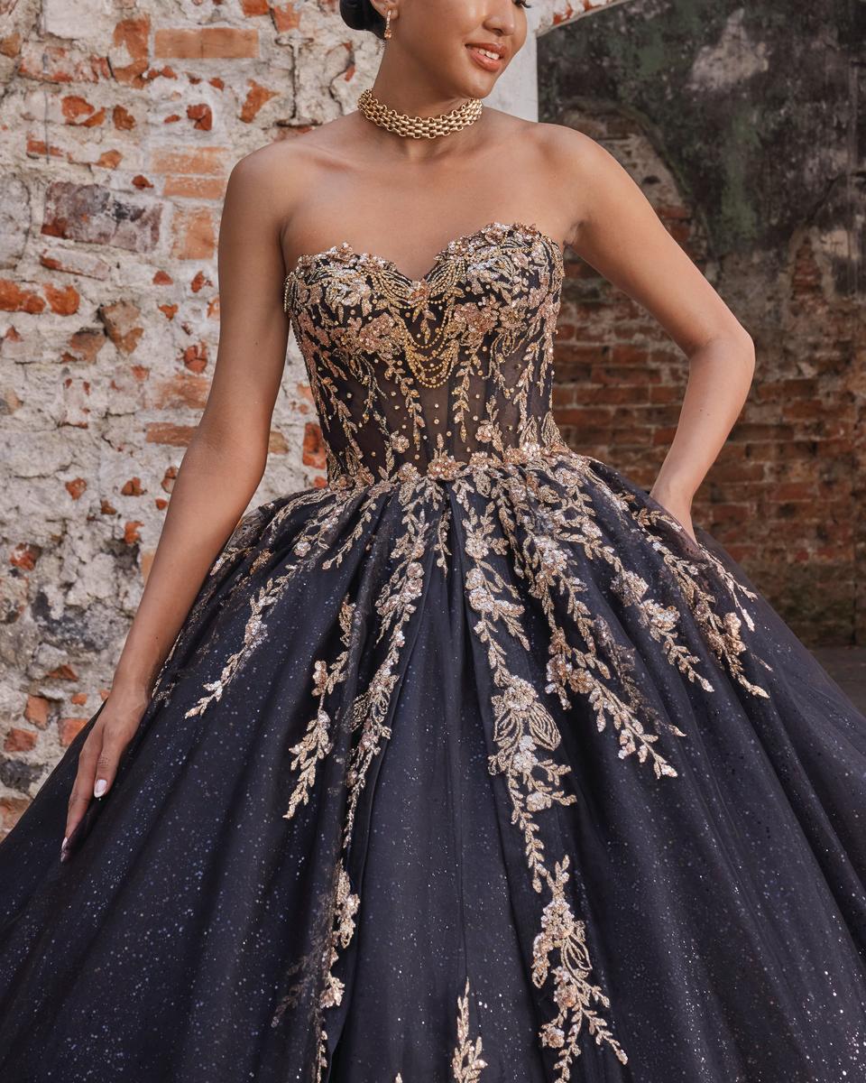 black and gold 15 dress La Reina Black Quinceaera Dresses