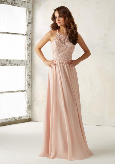 Morilee - Long Embroidered Chiffon Halter Gown