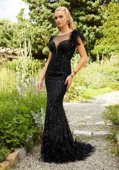 Morilee - Beaded Feather Sleeved Gown