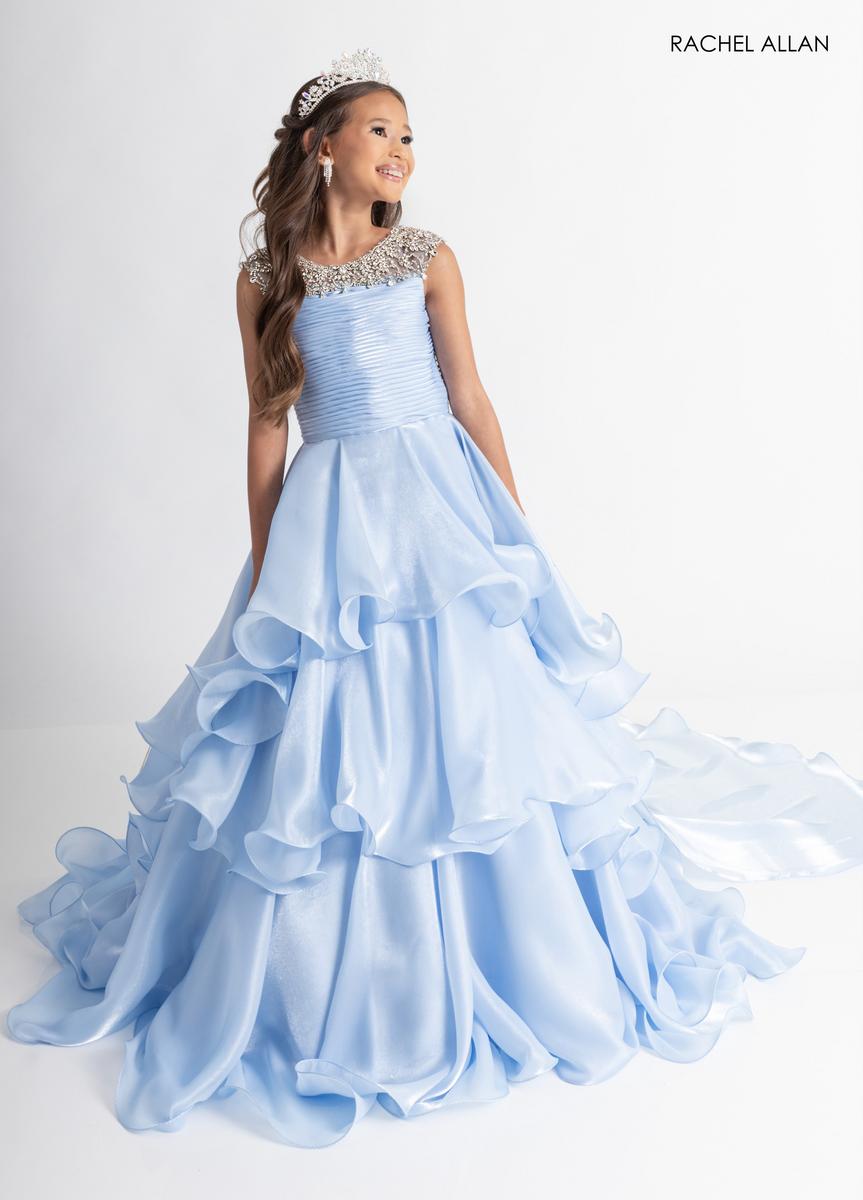 formal dress for 10 year girl Ashley Lauren Kids 8290 Kids One Shoulder Beaded High-Low Dress with Organza Skirt 14 / Sky/Royal