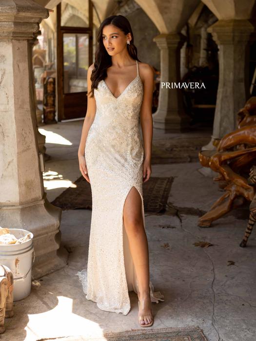 Primavera Couture - Beaded V Neck Criss Cross Gown