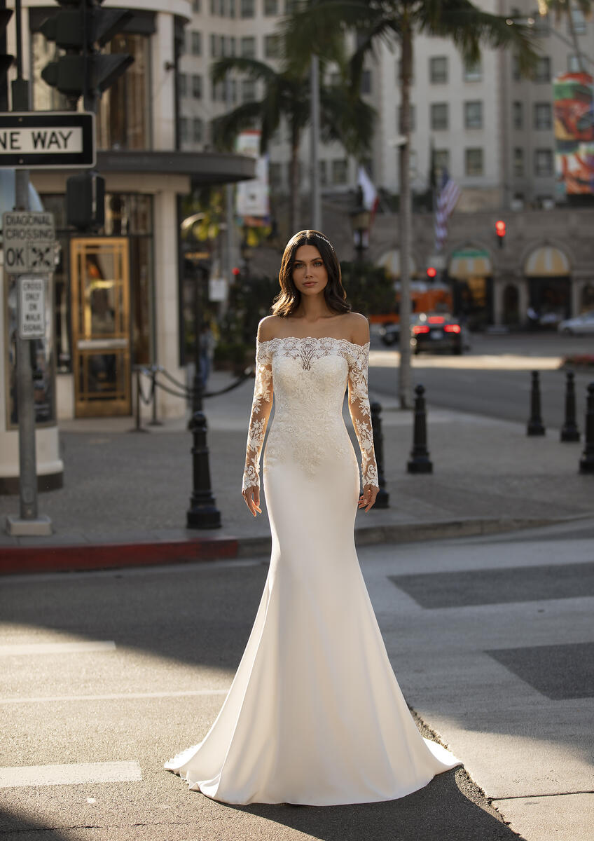 Off The Shoulder Mermaid Wedding Dress With Crystal Encrusted Bodice And  Crepe Skirt | Kleinfeld Bridal