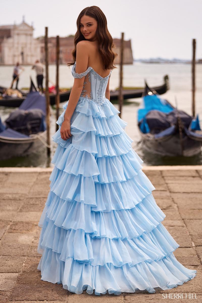 sherri hill satin chiffon ruffle prom dress 56228 Sherri Hill 56228 Lace-Up Back Ruffle Dress