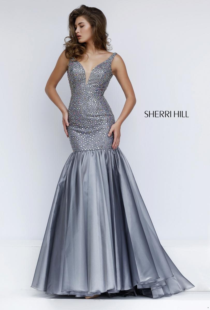 sherri hill silver prom dress