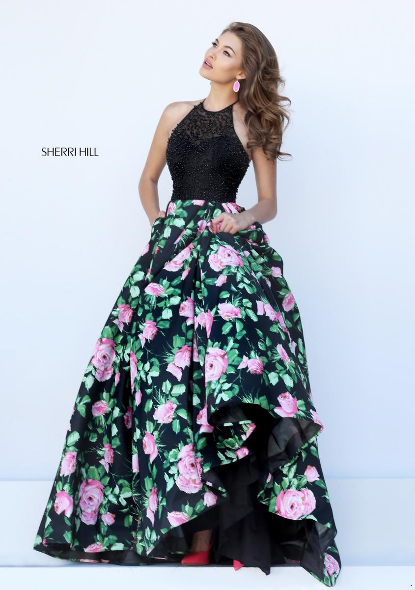 black and pink floral prom dress