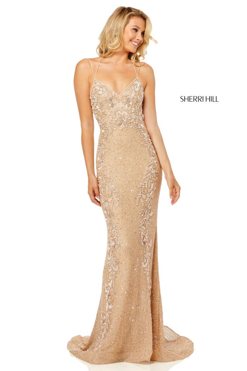 sherri hill gold prom dress