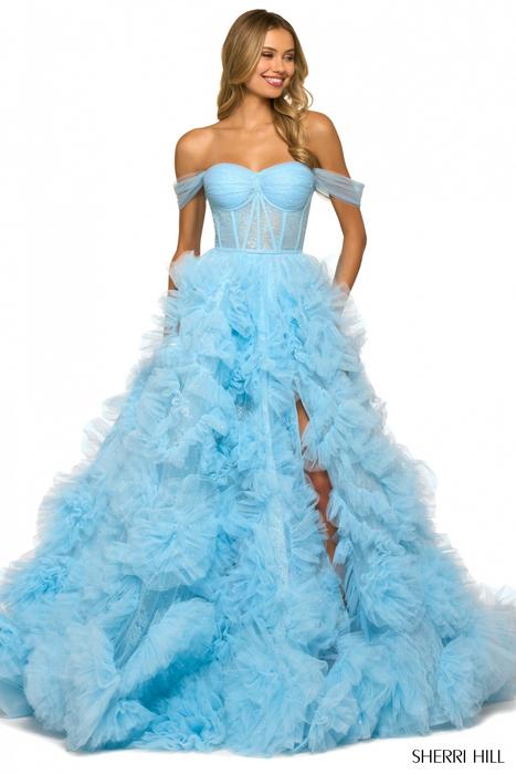 Sherri Hill - Ruffled Off the Shoulder Illusion Bodice Gown 55438