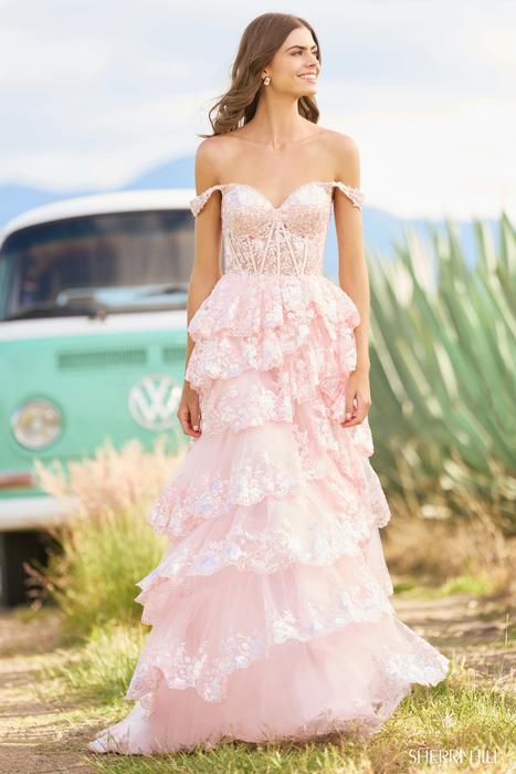 Sherri Hill - Tulle Floral Off the Shoulder Tiered Ruffle Gown