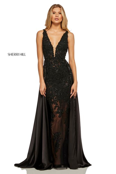 Sherri Hill - Satin Embroidered Beaded Gown Over Lay Skirt 52599