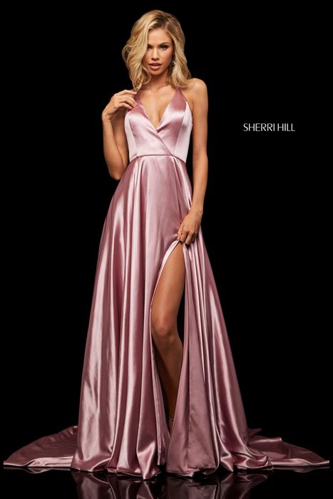 Sherri Hill - Satin V-Neck High Slit Gown