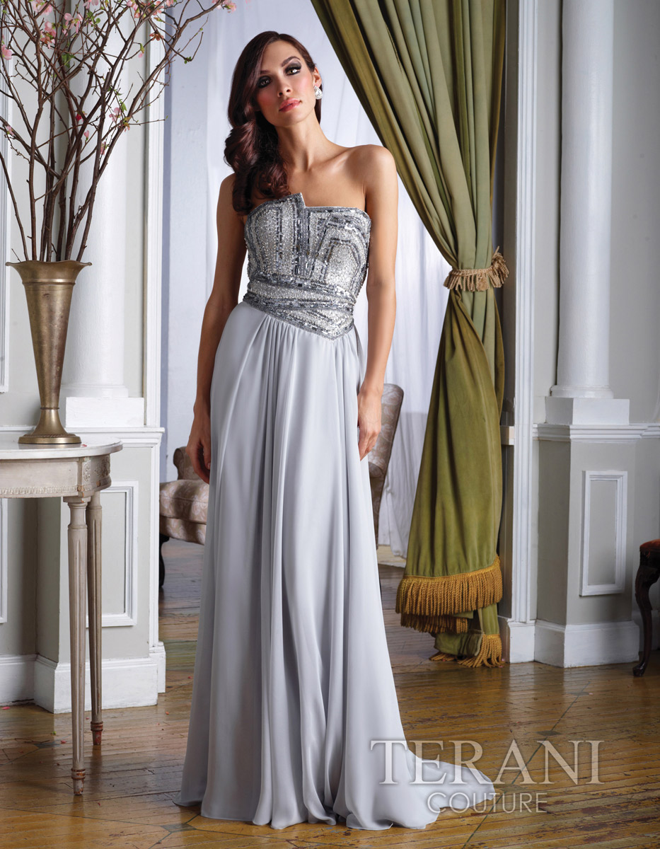 ゆ*こ様 上品TERANI シルバー オフショルダードレス Terani Evenings P613 Castle Couture