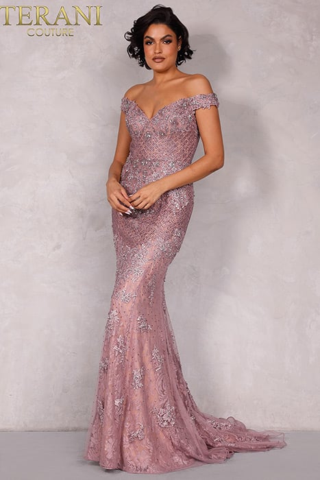 Terani - Jewel Encrusted Off-the-Shoulder Gown
