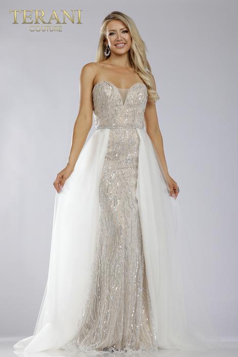 Terani - Strapless Beaded Glitter Gown with Over Skirt 231P0029