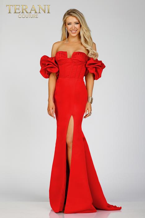 Terani - Puff Sleeve Visible Boning Bodice High Slit Gown