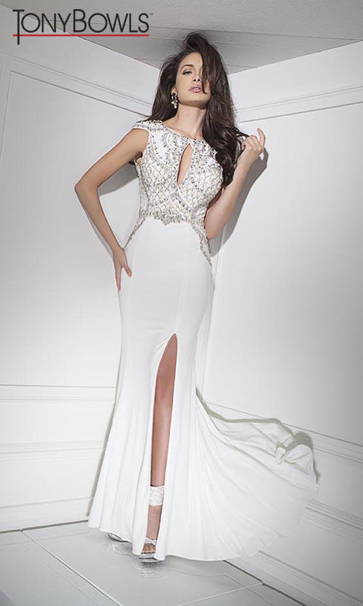 Tony Bowls 2013 White and Gold One Shoulder Sheer Side Long Beaded Prom  Dress 113505 | Promgirl.net