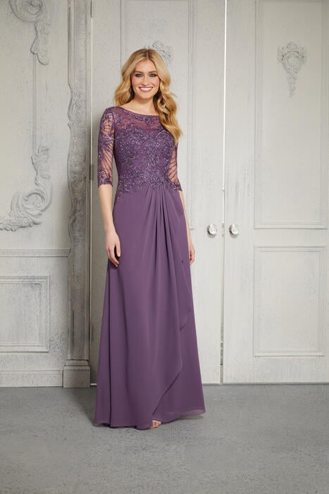 MGNY for Morilee - Quarter Sleeve Embrodiered Bodice Chiffon Gown 72412