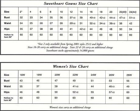 Sweetheart Gowns Size Chart  Sweetheart Size Chart
