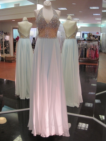 Can be ordered in custom size & colors. This piece is pictured in White/Aqua Size 6. Sherri Hill White Aqua Nude Chiffon RS